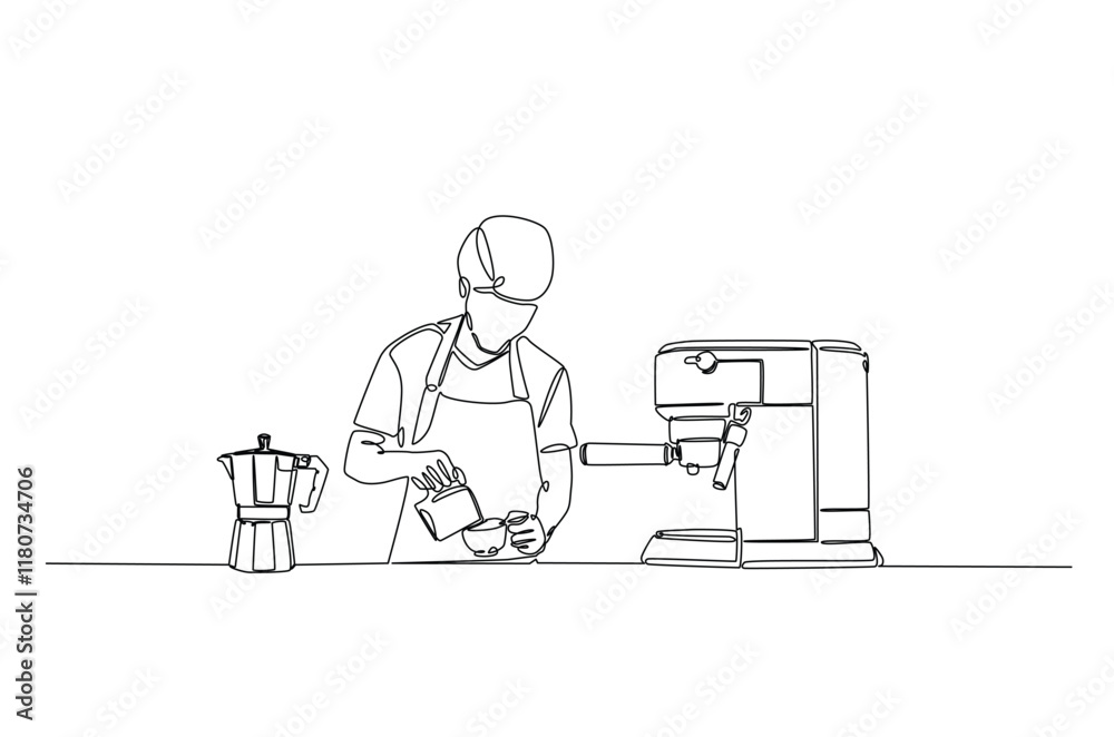 Barista and coffee machine continuous one line drawing. Barista preparing cofffee in single line art illustration. Editable vector. Barista and coffee machine continuous one line drawing. Barista preparing cofffee in single line art illustration. Editable vector.
