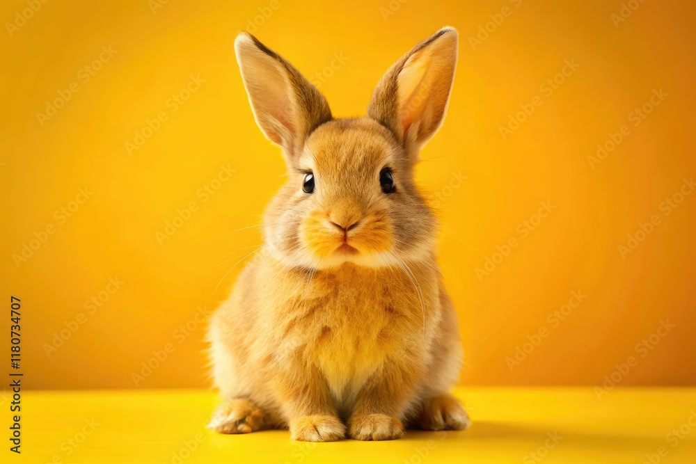 Obraz premium Adorable bunny basks in yellow sunshine. Studio portrait of a cute pet rabbit.