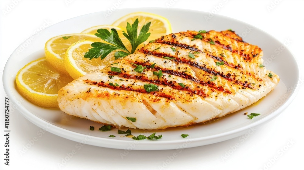 Grilled Fish Fillet with Lemon Slices and Fresh Parsley Garnish Grilled Fish Fillet with Lemon Slices and Fresh Parsley Garnish