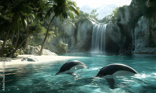 Idyllic tropical beach cove with waterfall, two dolphins swimming in crystal-clear water.  Perfect for travel, tourism, or environmental themes. photo