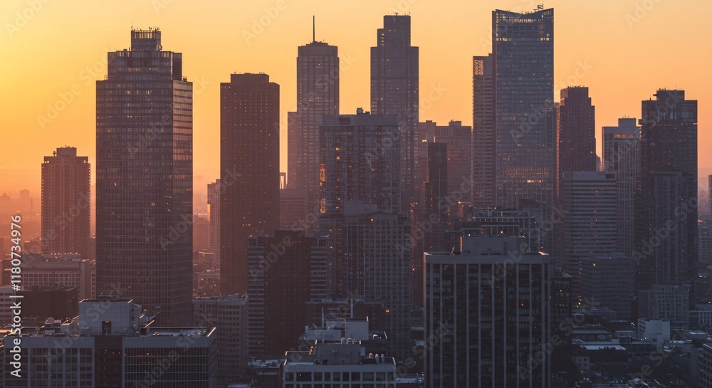 A modern city skyline at dawn, with the first light reflecting off glass skyscrapers A modern city skyline at dawn, with the first light reflecting off glass skyscrapers
