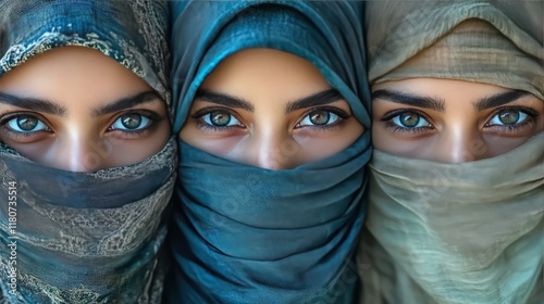 Diverse Women with Stunning Eyes Wearing Traditional Headscarves in Vivid Colors Showcasing Cultural Beauty and Strength Through Ethereal Expressions photo