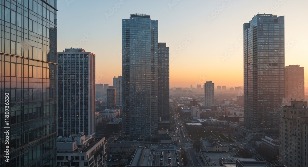 A modern city skyline at dawn, with the first light reflecting off glass skyscrapers A modern city skyline at dawn, with the first light reflecting off glass skyscrapers