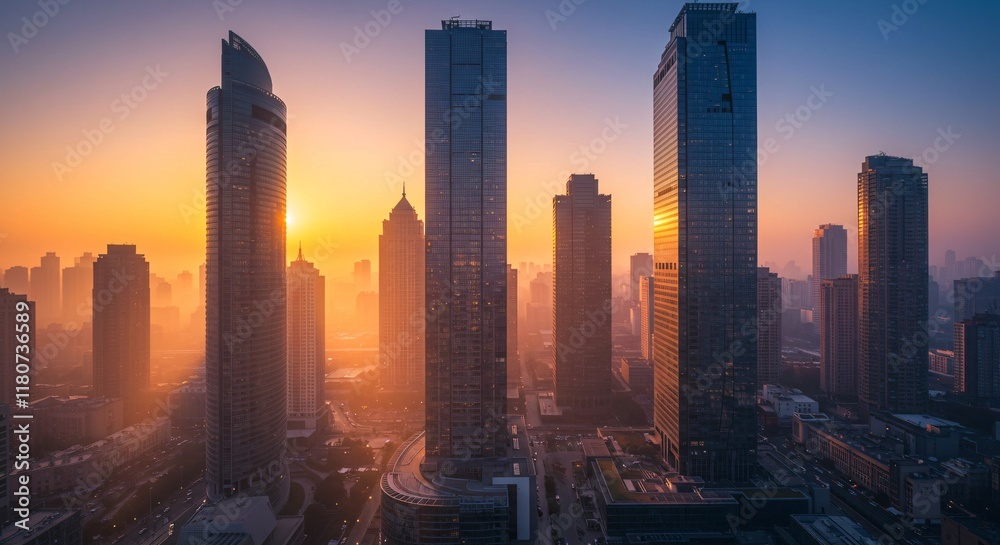 Fototapeta premium A modern city skyline at dawn, with the first light reflecting off glass skyscrapers