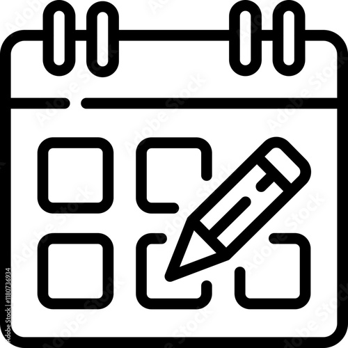 Edit calendar icon. Personal organizer, adjust, revision, pencil and document icons. Daily checklist management, containing date, timetable, weekly schedule, agenda. Editable stroke.