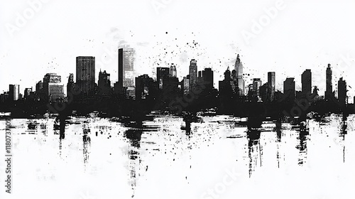 Monochrome cityscape skyline with grunge texture and water reflection.