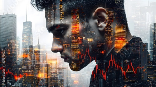 A striking double exposure image depicting a trader s face overlaid with candlestick charts and the sleek silhouettes of towering skyscrapers photo