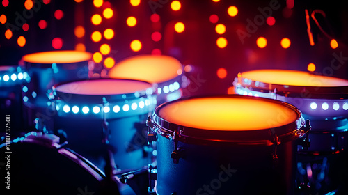 Dynamic drum set illuminated by colorful led lights during a vibrant live music performance with an energetic atmosphere at night. photo