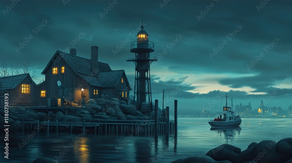 Fototapeta premium Nightfall at the Lighthouse: A Serene Coastal Scene