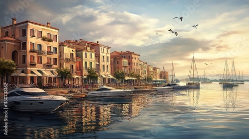 Mediterranean Coastal Town at Sunset: Picturesque Harbor View photo