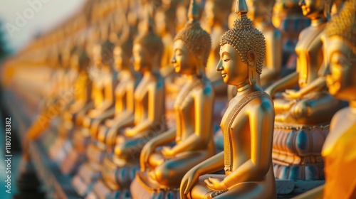 A large group of gold statues of Buddha are sitting in a row. Phuttha Utthayan Makha Bucha Anusorn (Buddhism Memorial Park), Nakhon Nayok, Thailand photo