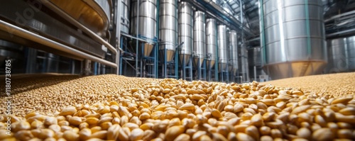 Grain Storage Facility with Silos and Piles of Cereals in Focus