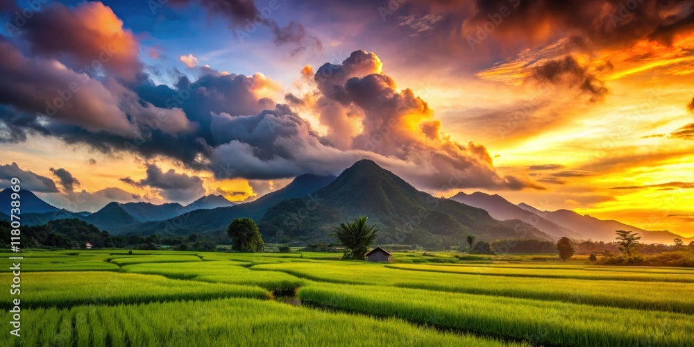 Obraz premium Darkened figures against vibrant rice paddies, a cloudy mountain backdrop, and a fiery sunset.