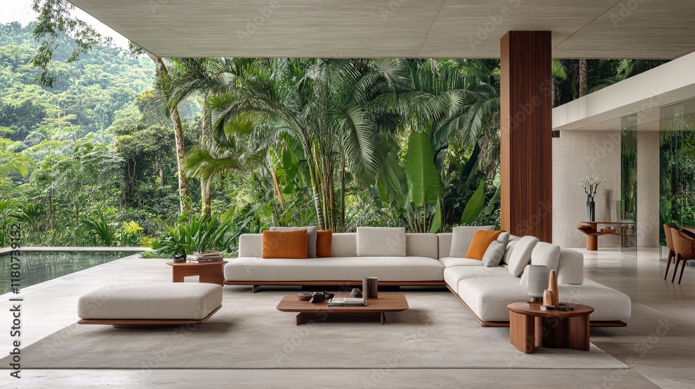 Fototapeta premium Sophisticated Living Room with Lush Greenery Background
