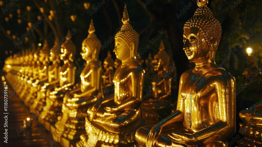 A large group of gold statues of Buddha are sitting in a row. Phuttha Utthayan Makha Bucha Anusorn (Buddhism Memorial Park), Nakhon Nayok, Thailand A large group of gold statues of Buddha are sitting in a row. Phuttha Utthayan Makha Bucha Anusorn (Buddhism Memorial Park), Nakhon Nayok, Thailand