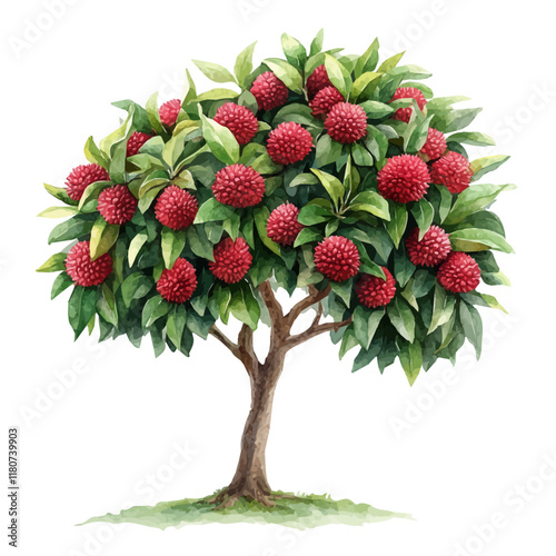 A watercolor drawing of a lychee tree with its vibrant green leaves and ripe lychees hanging from its branches, isolated on a white background. Lychee tree vector.
