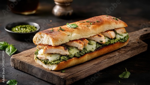 Panini with chicken and basil pesto, cheese oozing out of the sides on a wooden board.