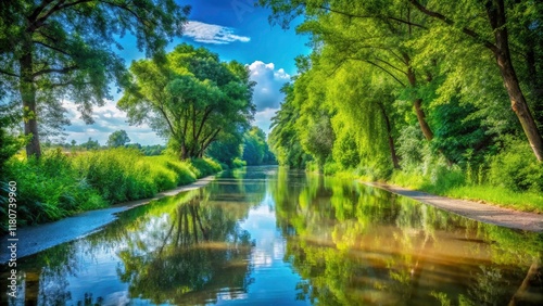 Old Flooded Road Surrounded by Lush Vegetation and Reflections, Perfect for Nature and Landscape Photography, Evoking a Sense of Adventure and Tranquility in a Unique Environment