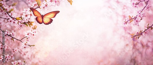 Spring banner with blossoming cherry branches and butterflies evokes a dreamy and romantic outdoor scene. Generative AI