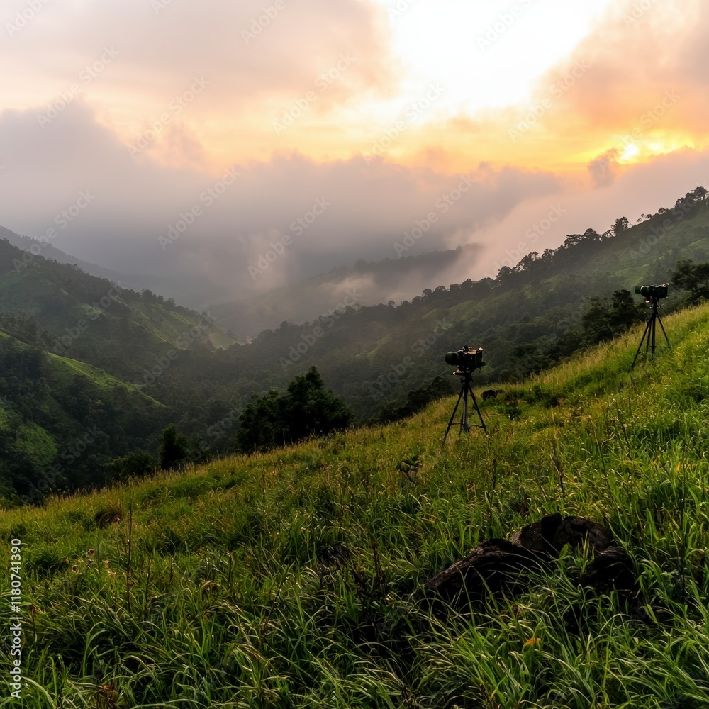 Obraz premium Serene Sunset Landscape Hilltop Cameras Capture Misty Valley