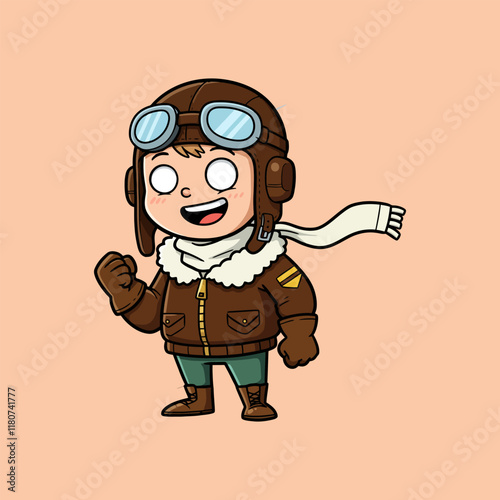 A cartoon illustration of a joyful young boy dressed in a vintage aviator costume, appearing happy and ready for flight.