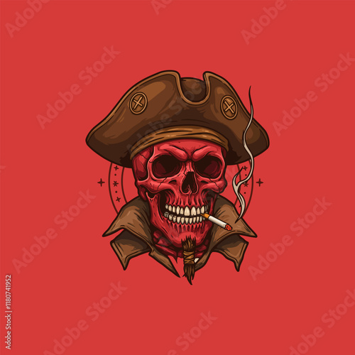 A stylized illustration of a red skull pirate wearing a tricorn hat and smoking a cigarette.