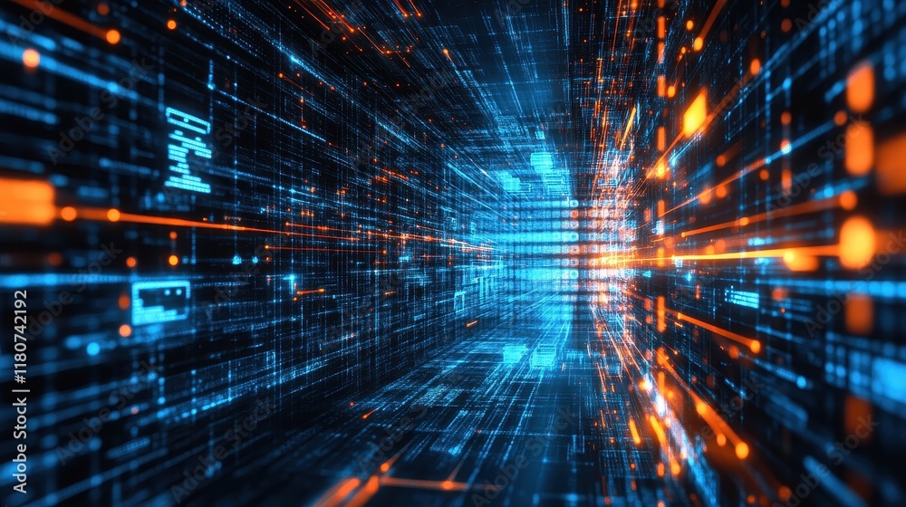 Abstract digital tunnel with glowing blue and orange data streams. Illustrates concepts of data flow, digital transformation, and futuristic technology. Abstract digital tunnel with glowing blue and orange data streams. Illustrates concepts of data flow, digital transformation, and futuristic technology.