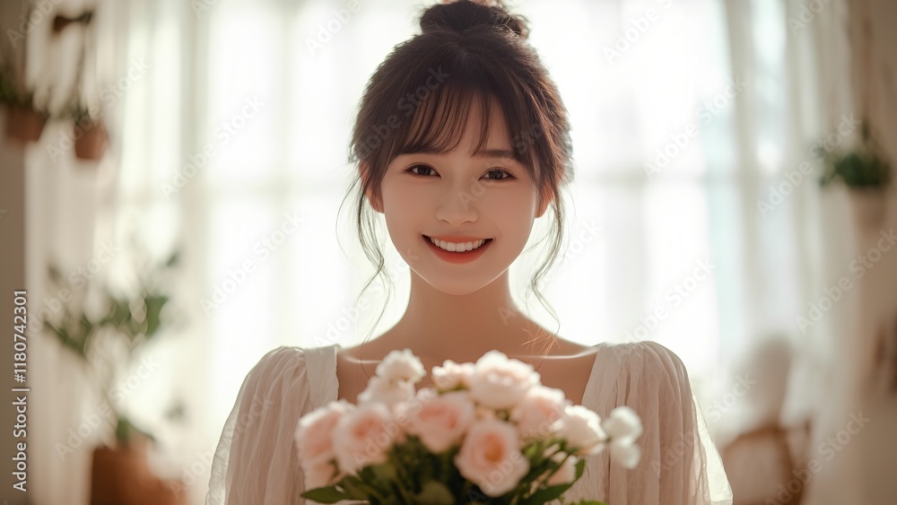 Woman smiling while holding bouquet of flowers and looking straight at camera Woman smiling while holding bouquet of flowers and looking straight at camera