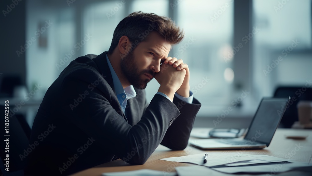 Man sitting at desk, tired, with hands supporting head Man sitting at desk, tired, with hands supporting head