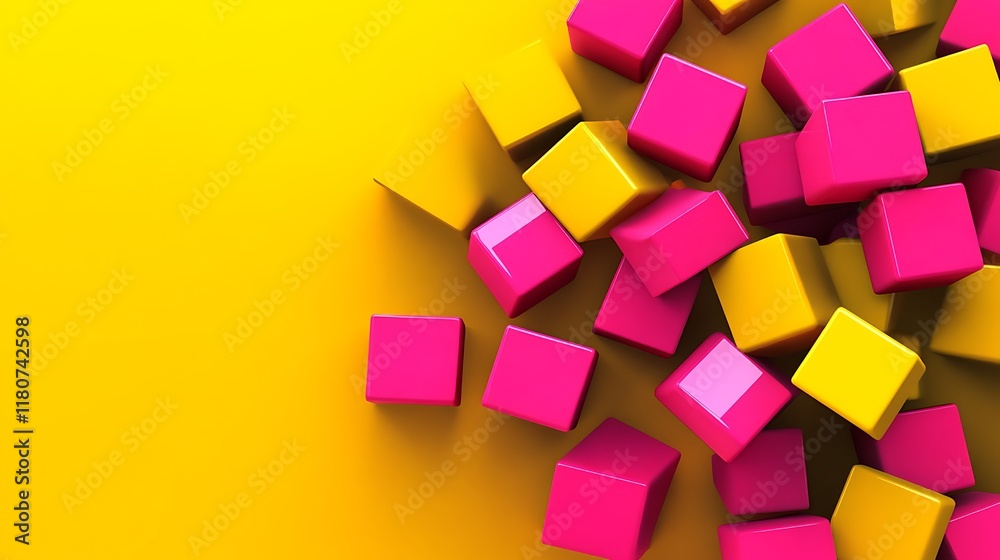 Pink and yellow cubes scattered on yellow background Pink and yellow cubes scattered on yellow background