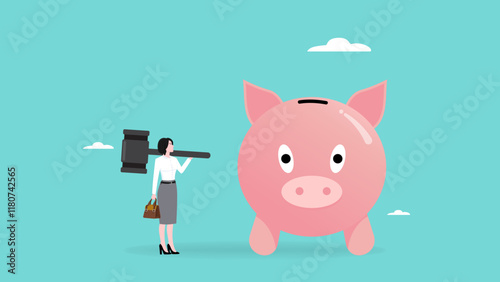 sacrificing emergency savings or retirement funds, bankruptcy, economic recession, financial fall down, running out of business capital, businesswoman with hammer thinking to break piggy bank