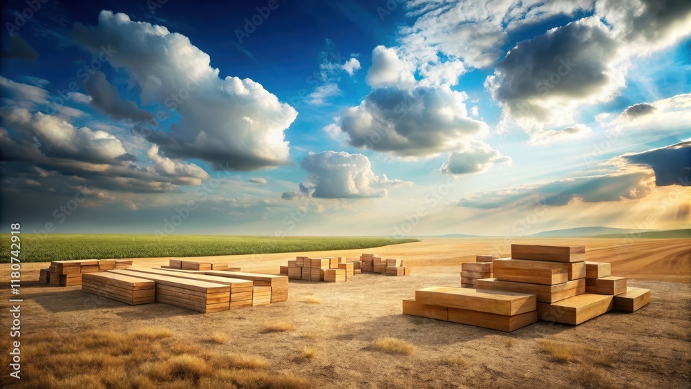 Rustic Lumber Stacks in a Serene Open Field Under a Dramatic Sky Rustic Lumber Stacks in a Serene Open Field Under a Dramatic Sky