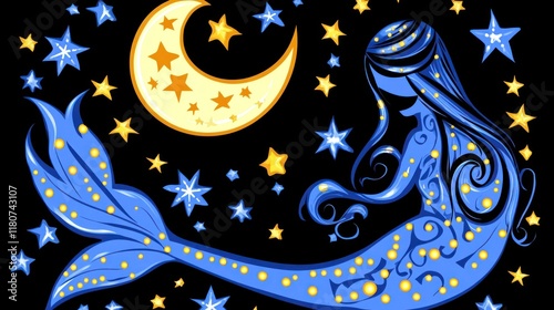 A stylized mermaid figure with a crescent moon and stars, set against a black background, with a decorative tail and flowing hair. photo