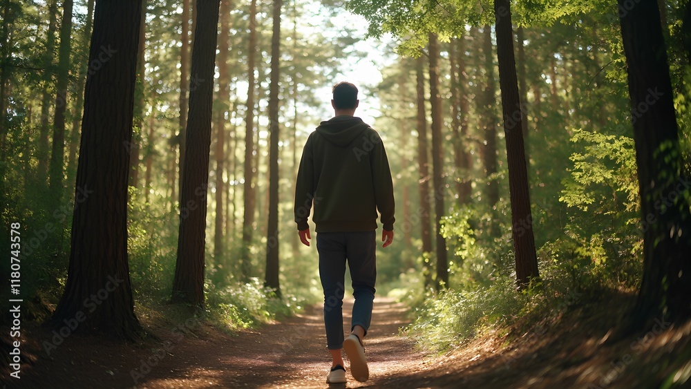 Man on a forest path among tall trees, view from the back Man on a forest path among tall trees, view from the back