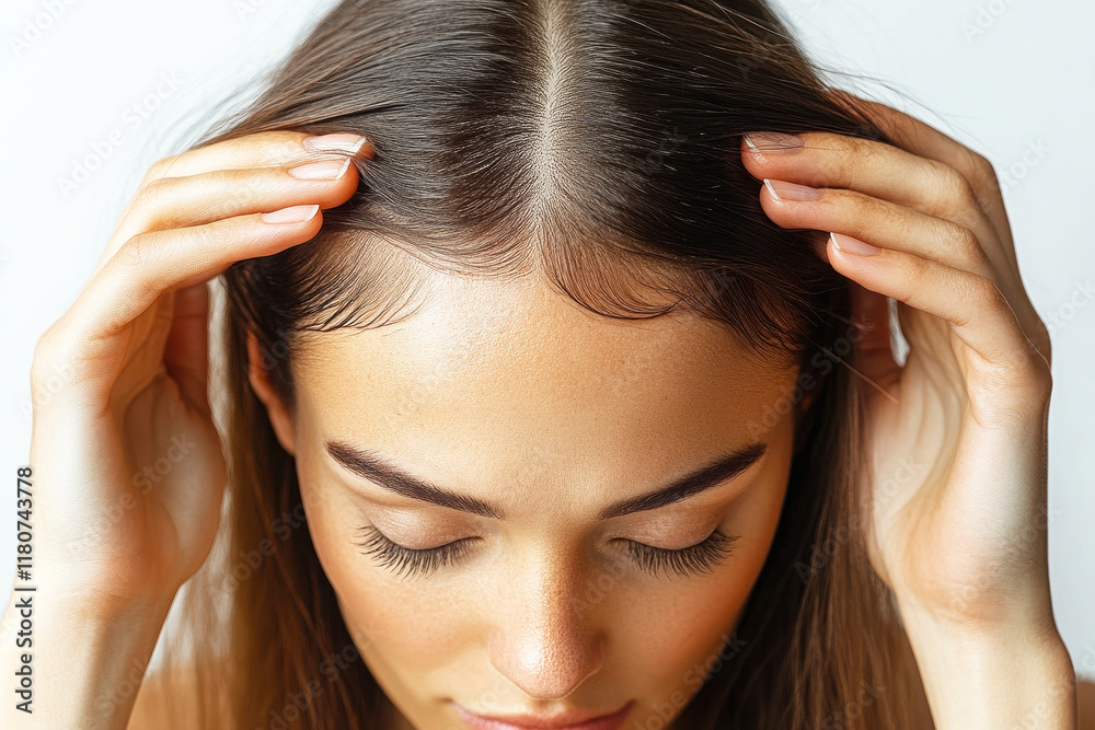 Fototapeta premium A woman gently touches her hair, showcasing a smooth hairstyle and natural beauty with a focused expression.