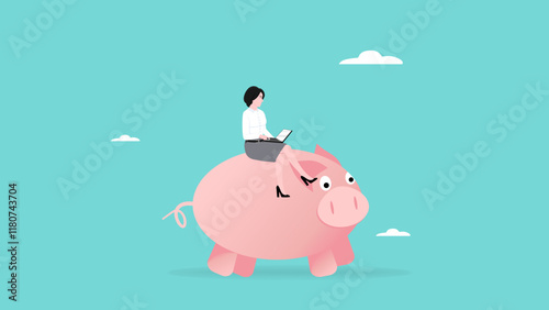 working to prepare for retirement, old age preparation, businesswoman, businessman working on piggy bank using laptop suitable to describe about investment