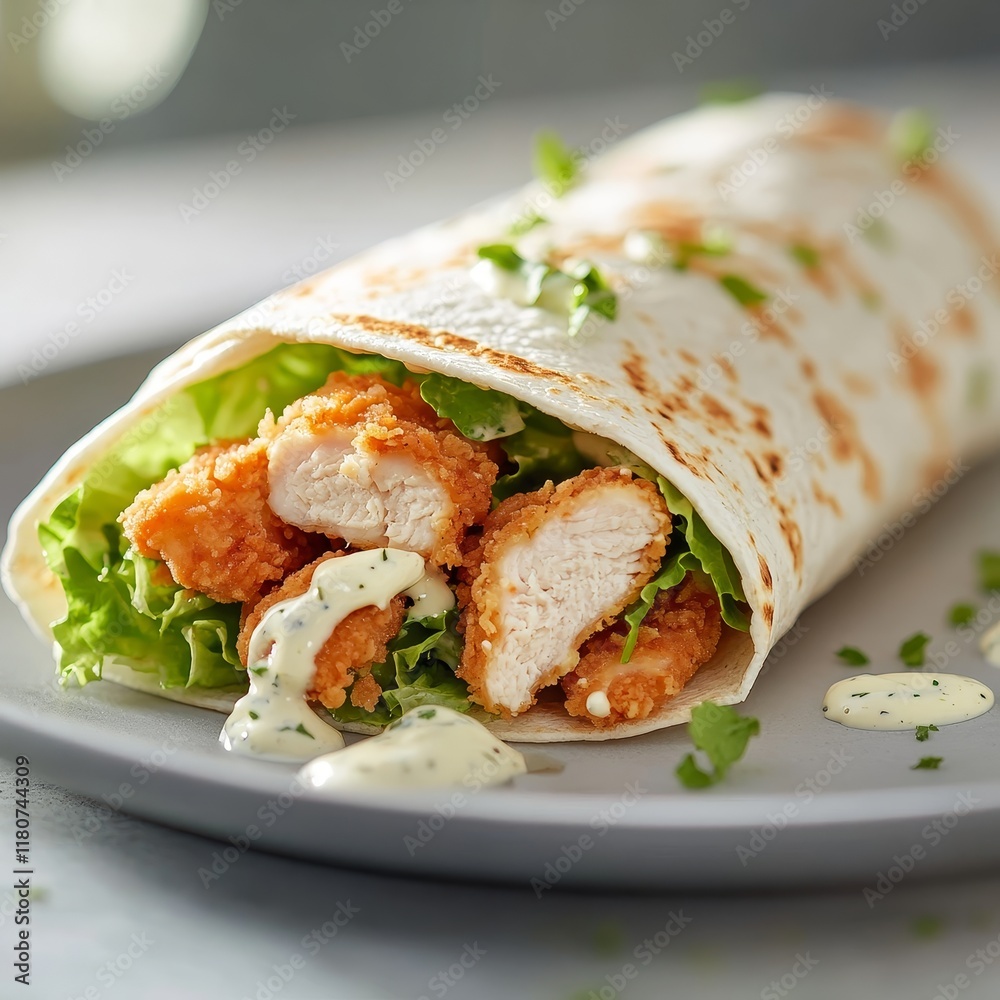 Crispy chicken tenders and lettuce in a tortilla wrap with creamy sauce. (1) Crispy chicken tenders and lettuce in a tortilla wrap with creamy sauce. (1)