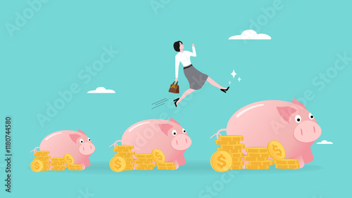 businesswoman jumping from piggy bank. investment earning growth, success step to achieve financial freedom, the way to achieve goal, management or strategy to achieve target
