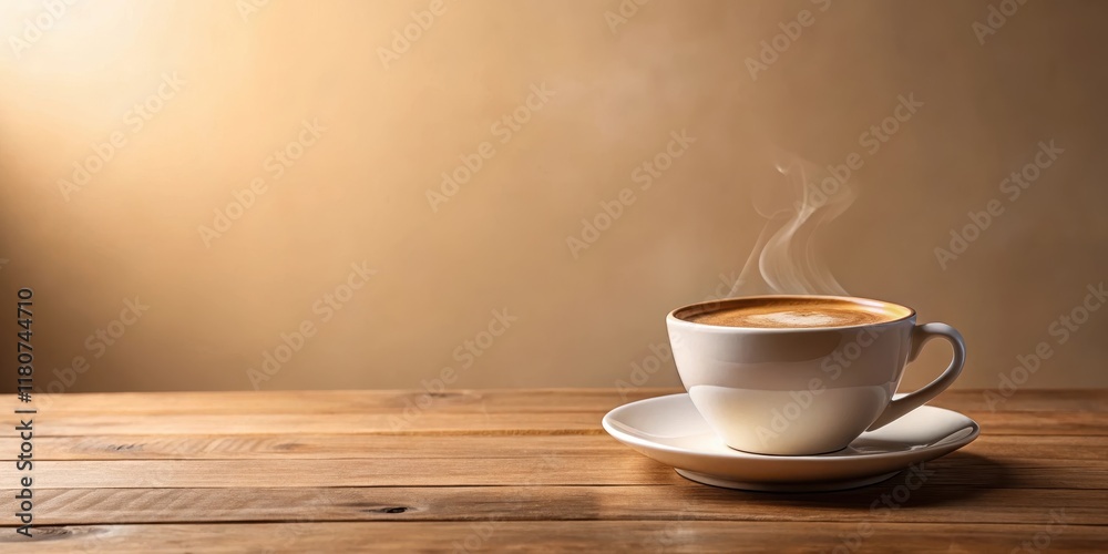 Fototapeta premium Aromatic hot coffee with crema on a minimalist wooden table against a warm beige background , hot drink, beige, hot drink