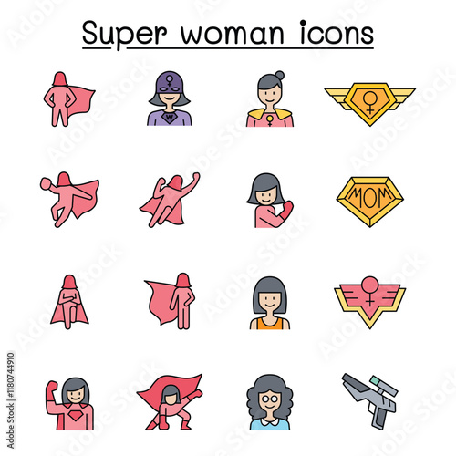 Super woman icon set in thin line stlye