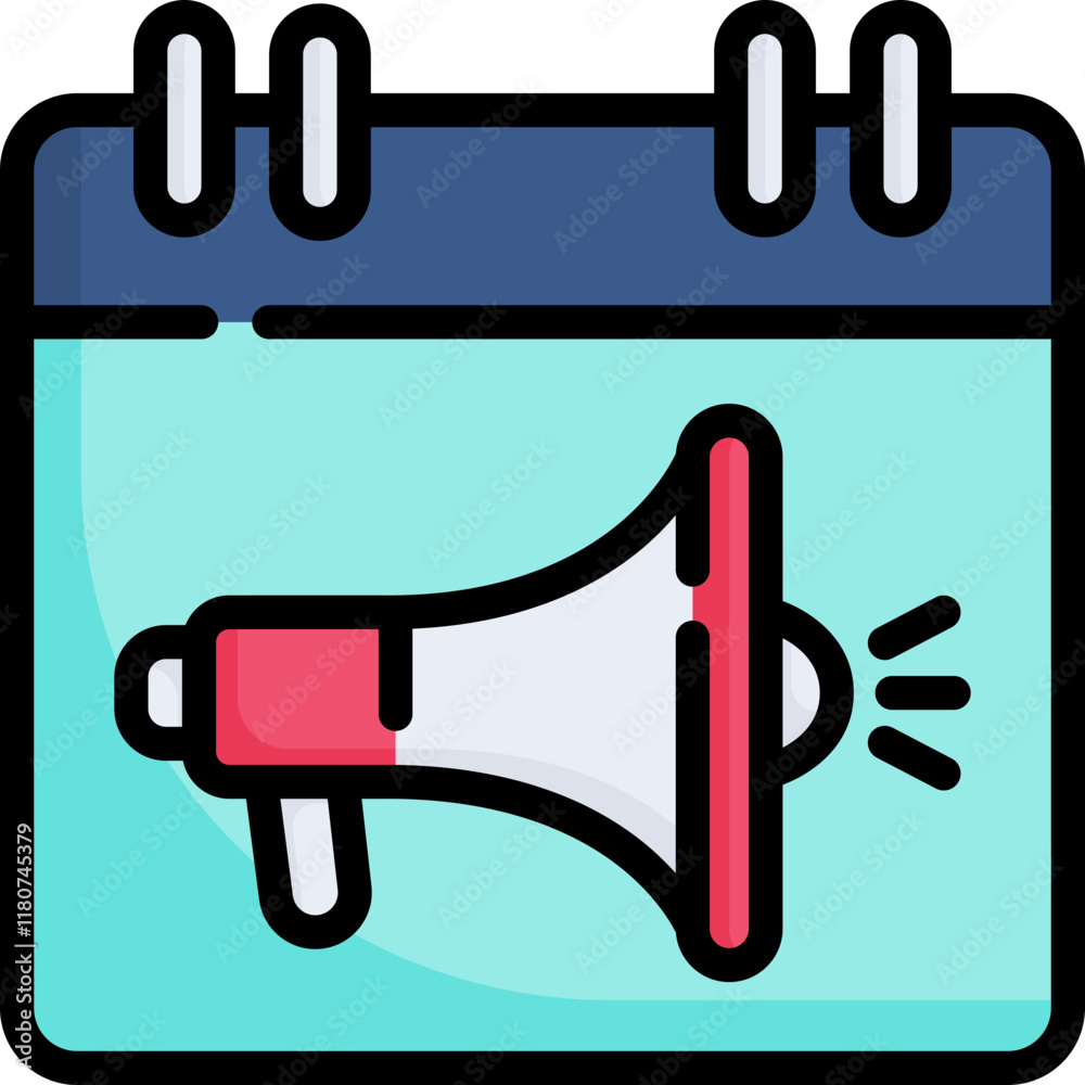 Promotion calendar icon. Megaphone speaker or loudspeaker for announce calendar. Shopping reminder. Filled outline icon.