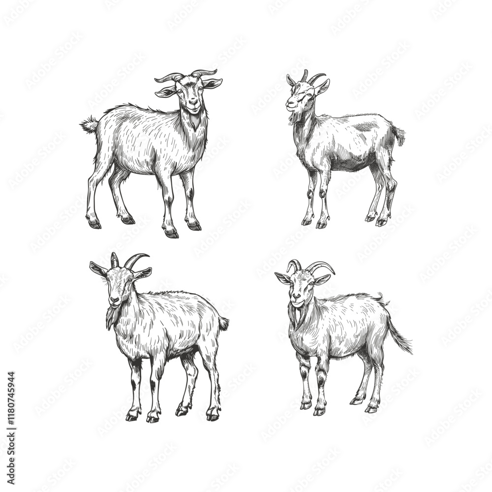 Fototapeta premium Goat hand drawn engraving design vector template illustration