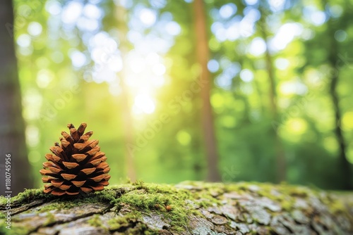 Pine cone on mossy log in sunlit forest.