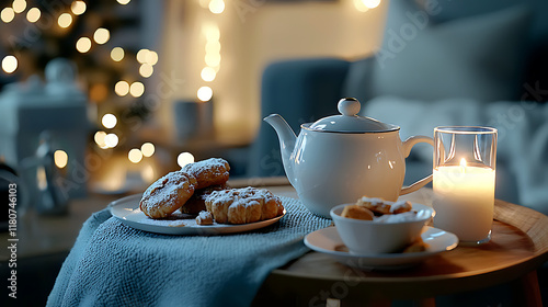 A table with a tea set, cookies, and a glass of milk. generated using AI