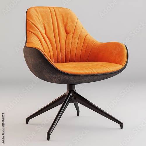 Orange upholstered swivel chair with black base on white background. photo