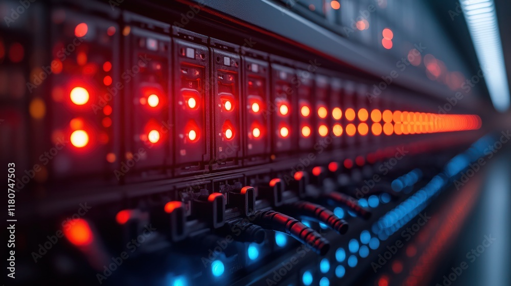 Close-up of modern server racks with glowing blue, red LEDs and network cables in a futuristic data center Close-up of modern server racks with glowing blue, red LEDs and network cables in a futuristic data center