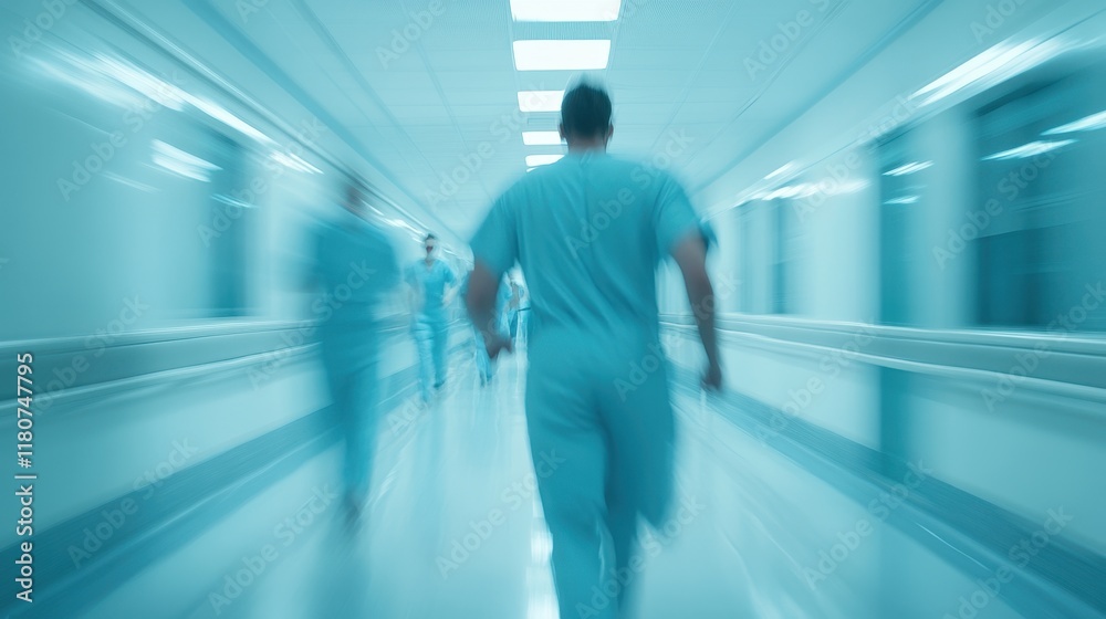 A blurry image of a hospital hallway with a man running down the middle A blurry image of a hospital hallway with a man running down the middle