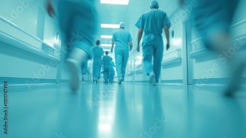 A group of doctors and nurses are walking down a hallway in a hospital