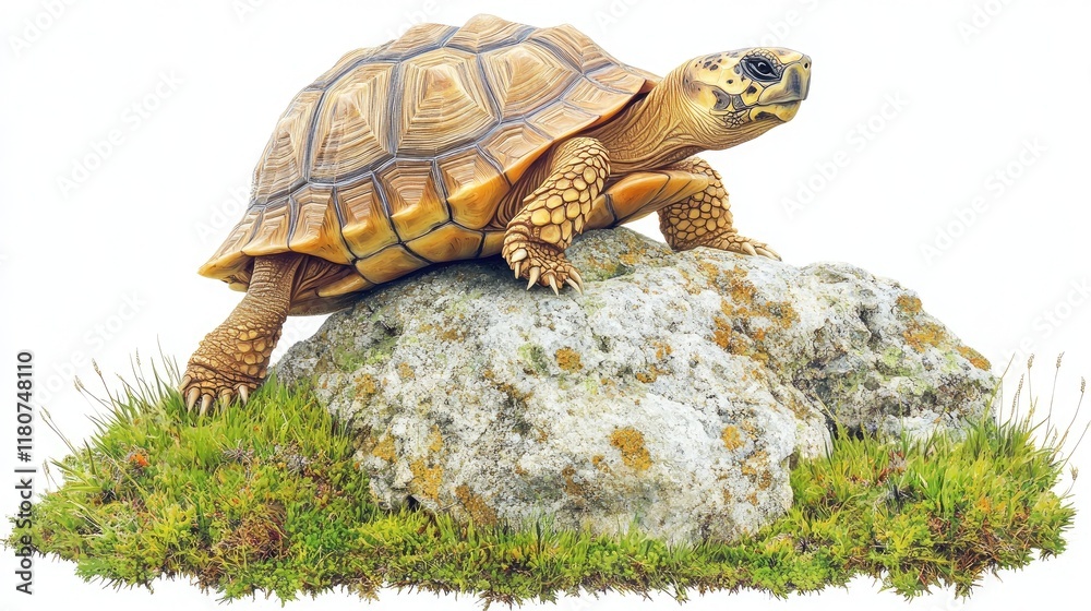 Fototapeta premium A realistic turtle figurine perched on a rock surrounded by grass and moss.