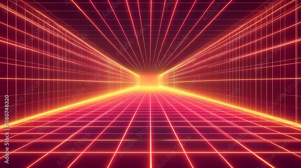 Red Neon Grid Corridor Digital Art Red Neon Grid Corridor Digital Art
